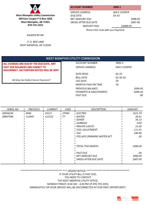 USA Arkansas West Memphis business utility bill template in Word and PDF formats